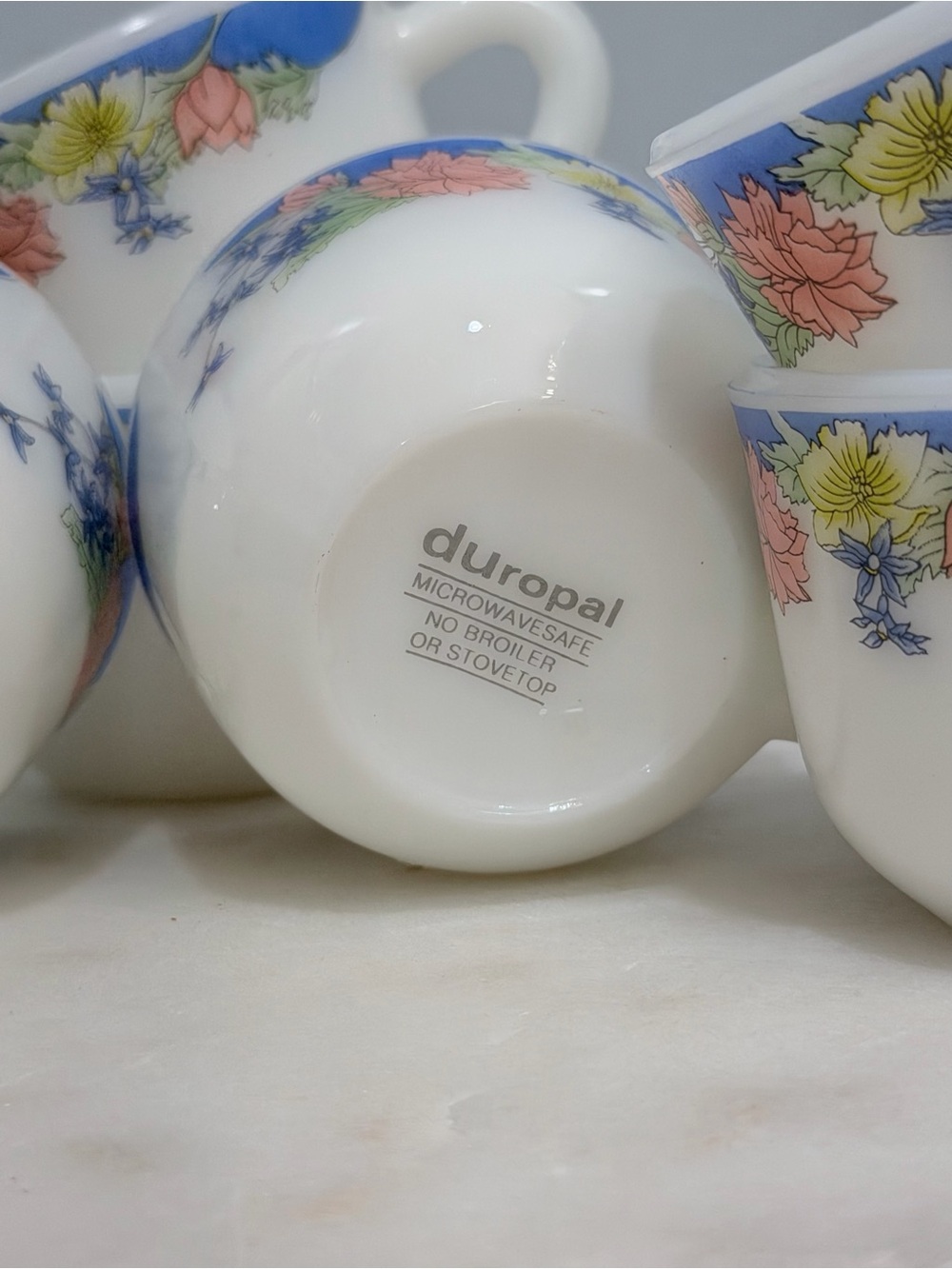 Vintage 90s Duropal French Opal Glass Teacups Set 7 Floral Blue Rim Coffee Cups - Picture 7 of 13